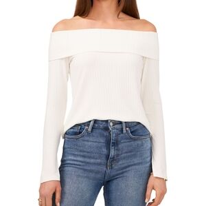 Womens Ribbed Off Shoulder Pullover Top. Ivory small